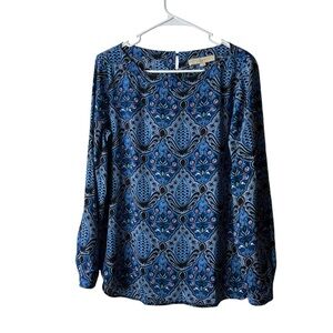 Loft Blue Patterned Boatneck Long Sleeve Blouse